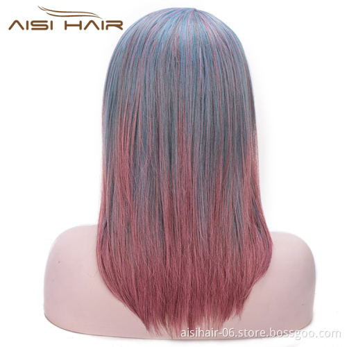Aisi Hair Short Blue Mixed Pink Wig Straight Silky Front Lace Wig Cosplay Short Bob Lace Front Hair Wigs For Black White Women